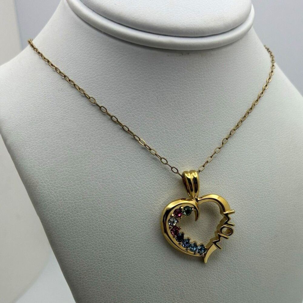 MOM Engraved Heart Charm Pendant Necklace Gold Tone Multicolor Crystals 18 in